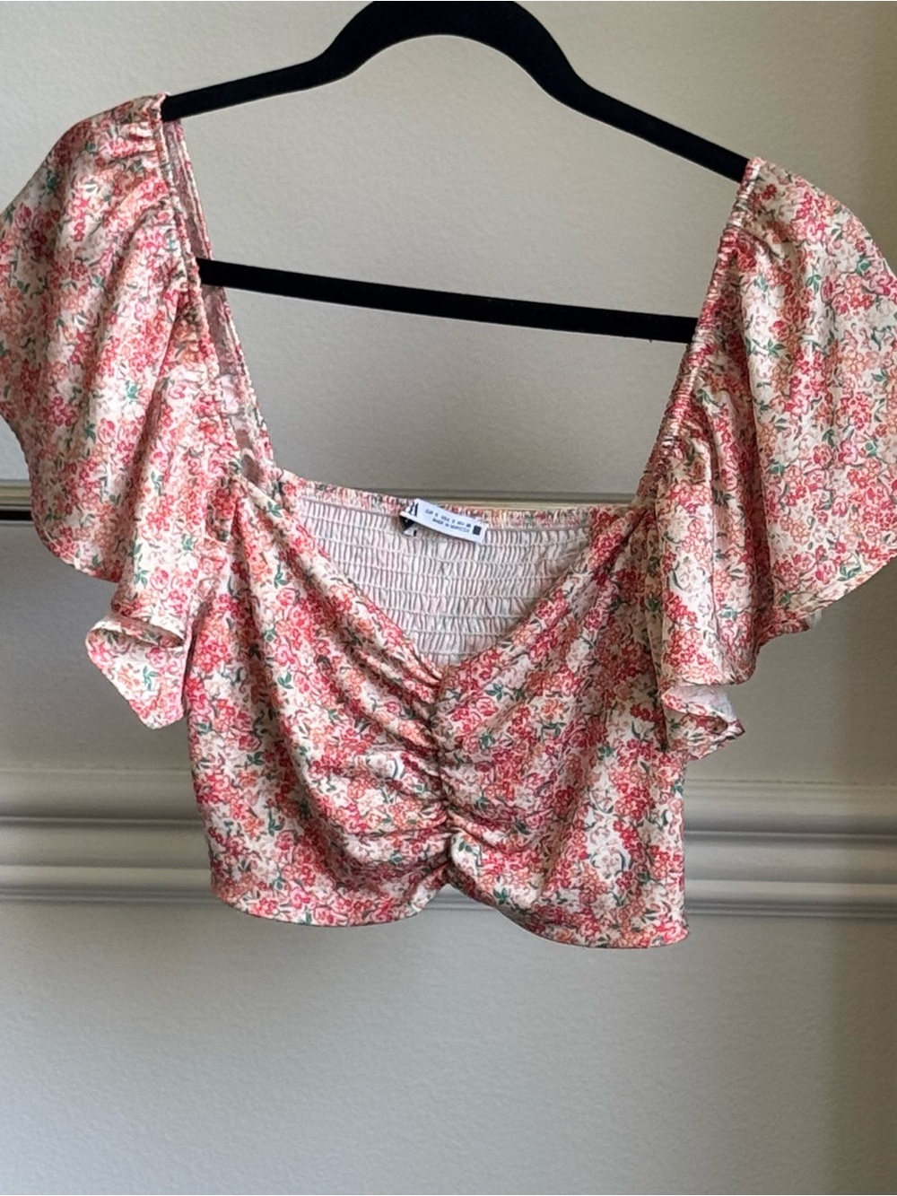 Zara Floral Rushed Front Puff Sleeve Crop Top - Pink Size Small Pre-Owned